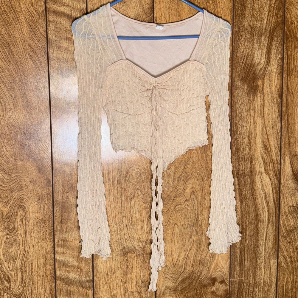 Beige Ruched Sweetheart Crop Top Long Sleeve Crinkle Texture Lacey Party Glam M
